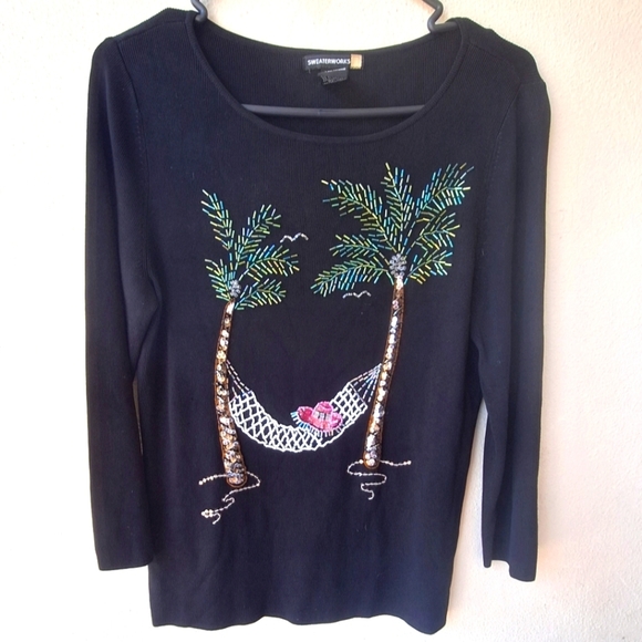Sweatworks Black Beaded With Palm Trees Hammock 3/4 Sleeves Women's Top Size M - Picture 1 of 4